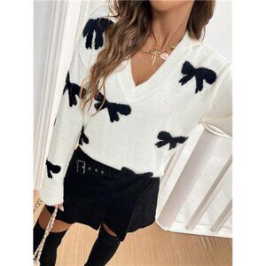 Women's Bowknot Sweater Pullover V-Neck Long Sleeve Bowknot Knit Sweater